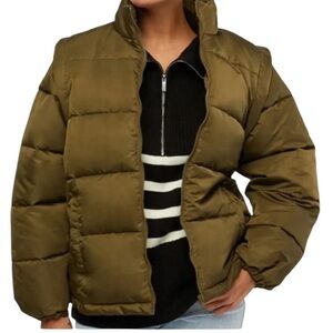 WeWoreWhat Convertible Vest Coat Zip Off Sleeve Puffer Coat in Olive
